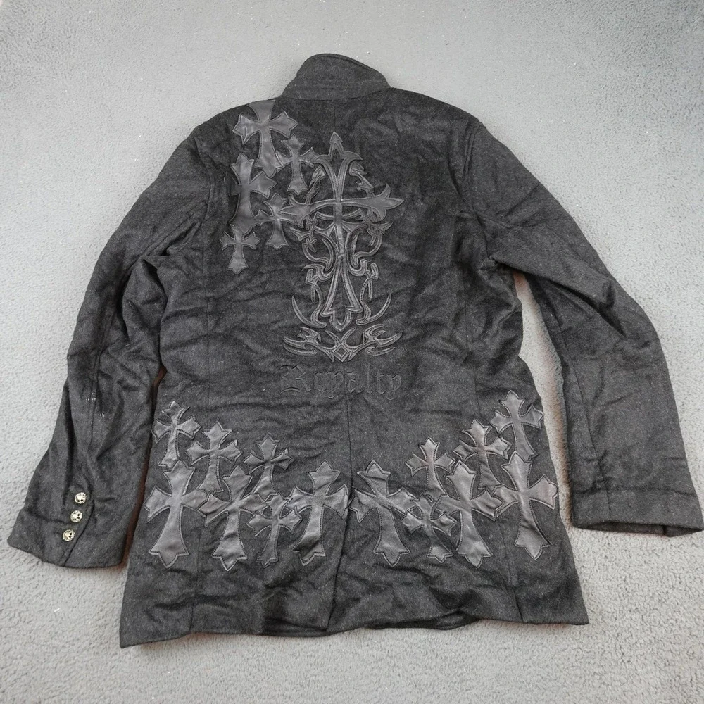 Raw-7 Royalty Blazer Mens 42 Gray Cashmere Gothic Cross Leather Jacket Rock